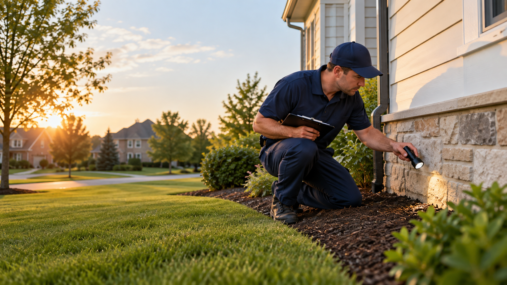 Editorial image of a pest inspection at a suburban home